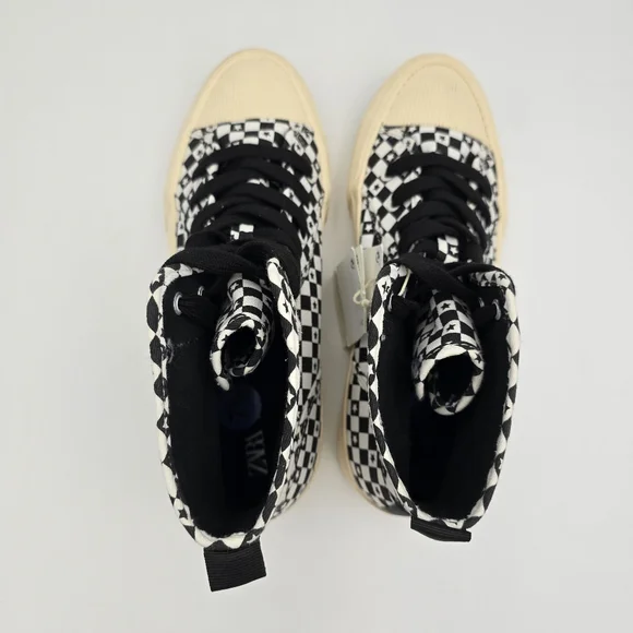 Zara Lace-Up High-Top Canvas Sneakers, Black/White Checkered pattern with stars - Picture 10 of 15